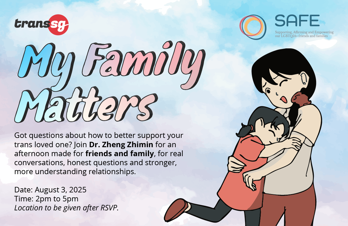 Promotional image for 'My Family Matters' recurring event featuring the title in large, cream-colored lettering against a soft blue sky background. The right side shows a collage of four cartoon-style illustrations depicting diverse families in warm, caring moments: a family of four around a Christmas tree, a mother and daughter taking a selfie, a family of three with cherry blossoms, and two people embracing. The illustrations use soft pastel colors and convey themes of love, togetherness, and family bonding.