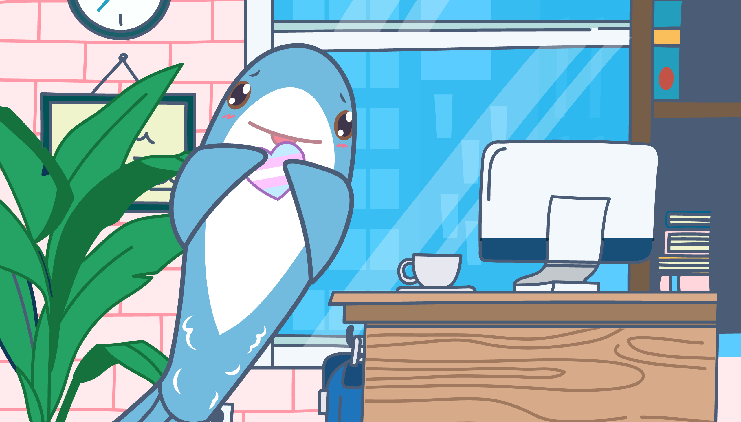 A cartoon illustration of a blue shark character (Meredith) sitting at a wooden desk in an office setting. The shark is blushing with a shy expression while holding what appears to be a pink heart or valentine. The desk has a computer monitor and coffee cup on it. The background features a pink brick wall with a clock, a framed picture, a large green leafy plant, and a blue window. The overall style is cute and colorful with a workplace theme.