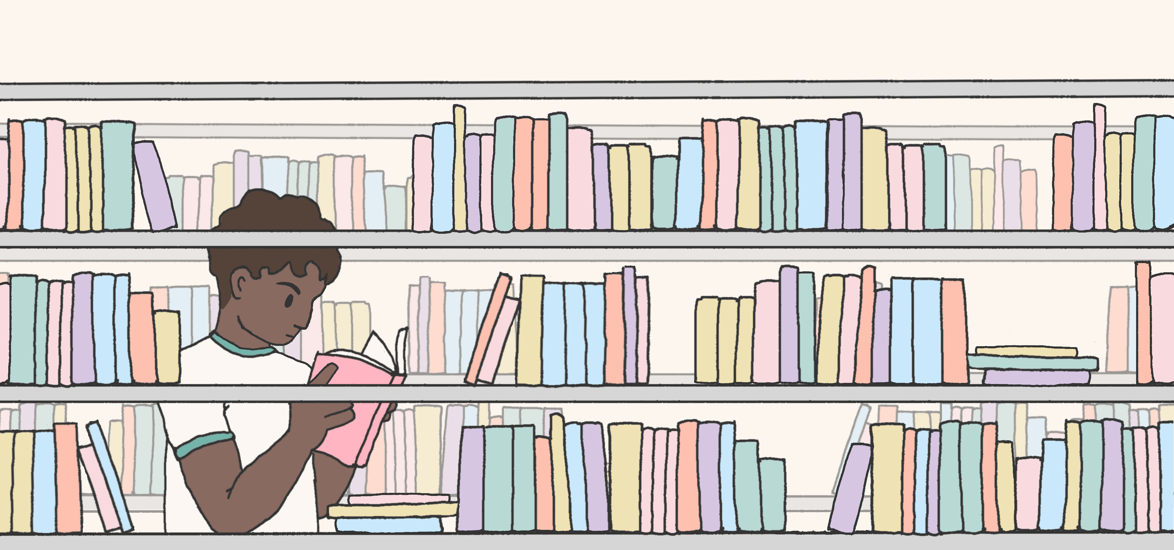 Illustration of a young person with dark curly hair reading intently in a library. They are positioned between rows of bookshelves, holding an open pink book while surrounded by pastel-coloured books in soft blues, yellows, greens, and pinks. The person is wearing a white shirt with green trim and is absorbed in their reading.