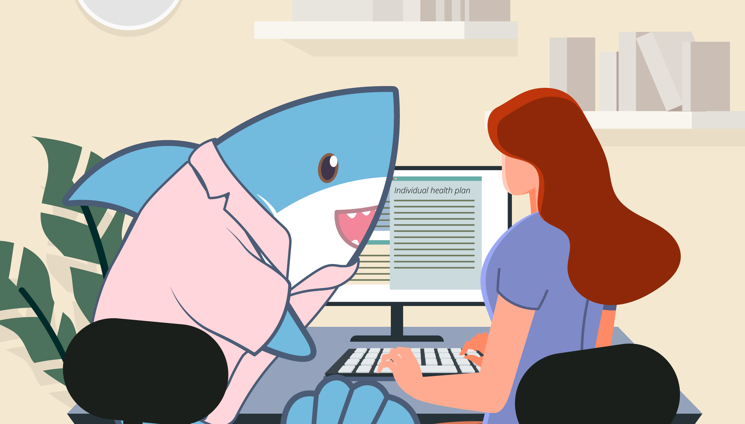 A cartoon illustration of a blue shark character named Merhaj wearing a white lab coat sitting next to a woman with long red hair. They're both at a desk looking at a computer monitor displaying "Individual health plan" information. The woman in a purple shirt is typing on a keyboard. The office setting includes a potted plant with large green leaves, a wall clock, and bookshelves. The illustration has a clean, minimalist style with a beige background, depicting what appears to be a health insurance consultation.