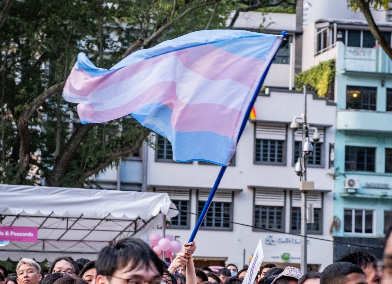 Person waving a transgender pride flag at Pink Dot.